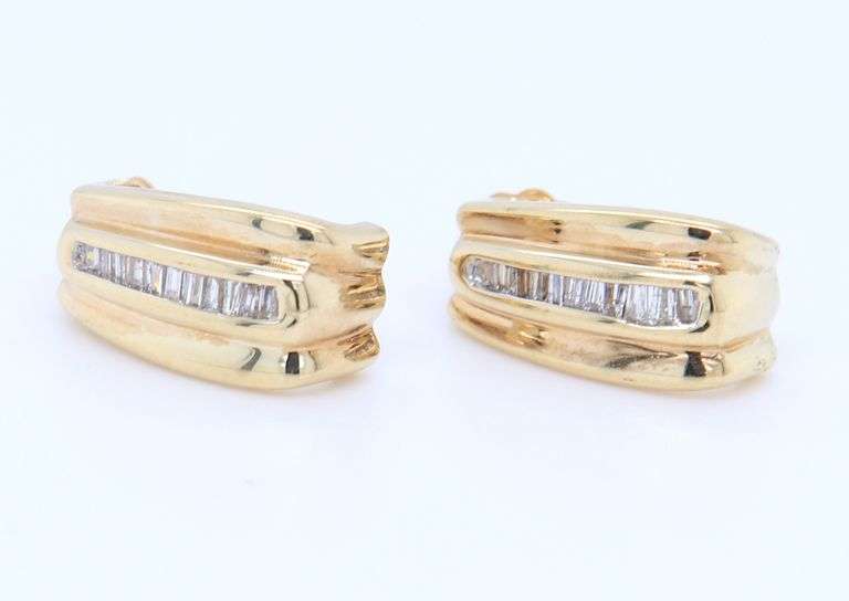 Sparkling Yellow Gold Baguette Diamond Accent J Hoops