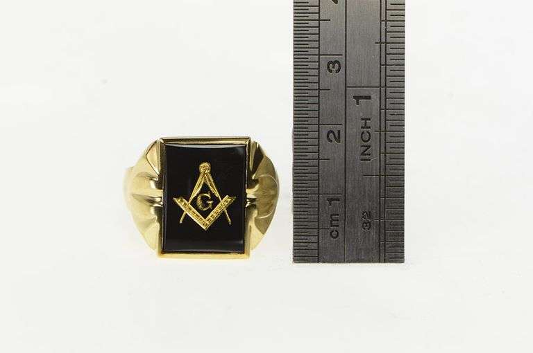 10K Yellow Gold G Compass Square Engraved Black Onyx Men's Ring