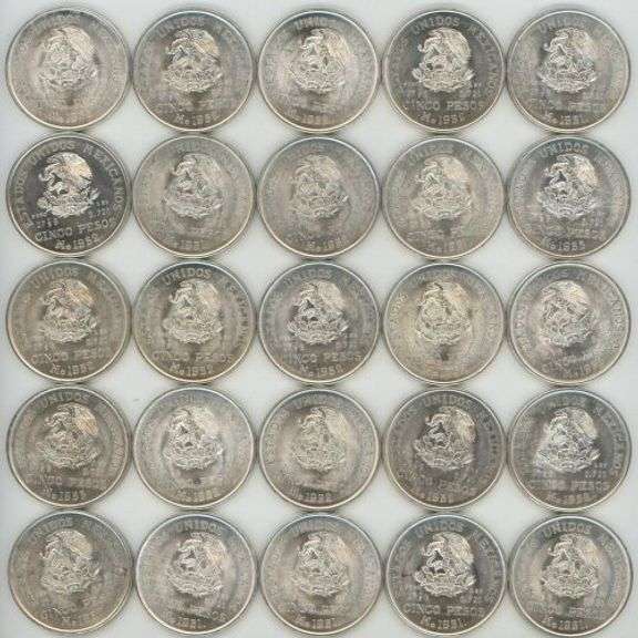 25 Lustrous-white BU Mexico 5 Pesos Silver Pieces from 1950's