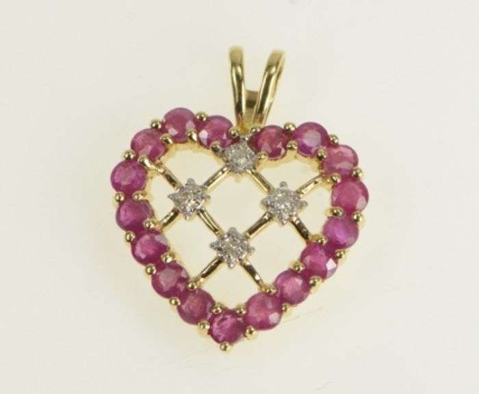 10K Yellow Gold Natural Ruby Diamond Heart Lattice Love Charm/Pendant