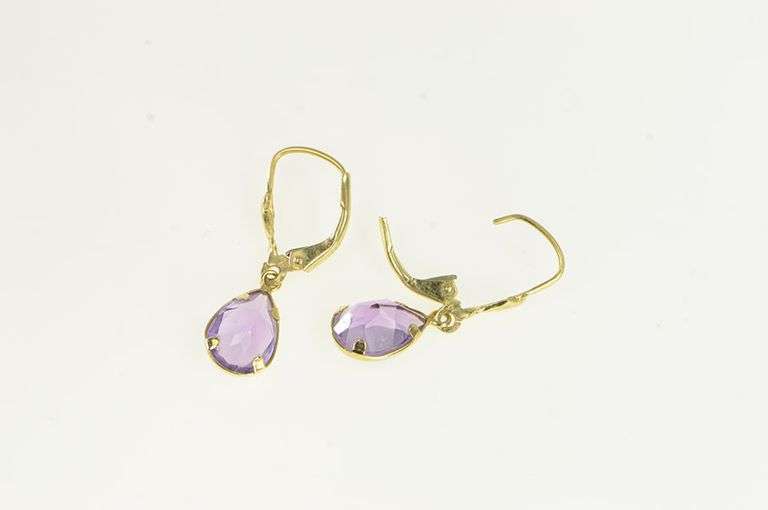14K Yellow Gold Pear Faceted Amethyst Vintage Dangle Earrings