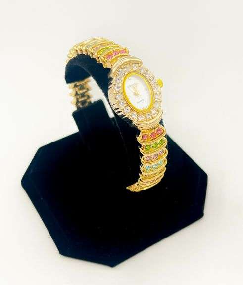 GROUP LOT OF 5x MATCHING 14KT YELLOW GOLD PLATED GENEVA WATCHES WITH GEMSTONES.