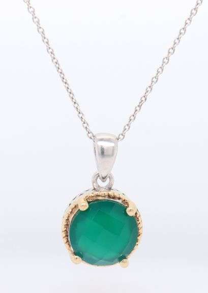 Sterling Silver Green Color Stone Pendant With Chain