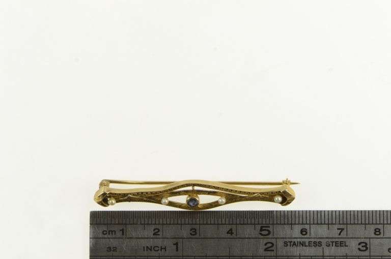 14K Yellow Gold Victorian Syn. Sapphire Seed Pearl Bar Pin/Brooch