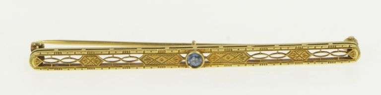 14K Yellow Gold Art Deco Blue Topaz Filigree Ornate Bar Pin/Brooch