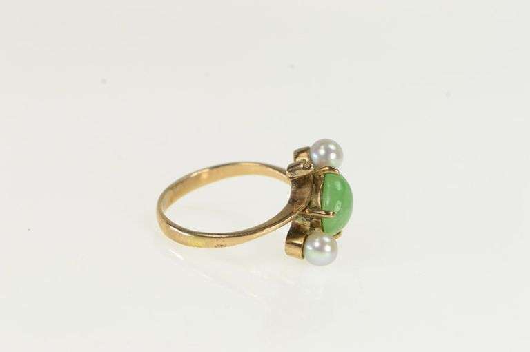 14K Yellow Gold Oval Jade Pearl Accent Vintage Bypass Ring