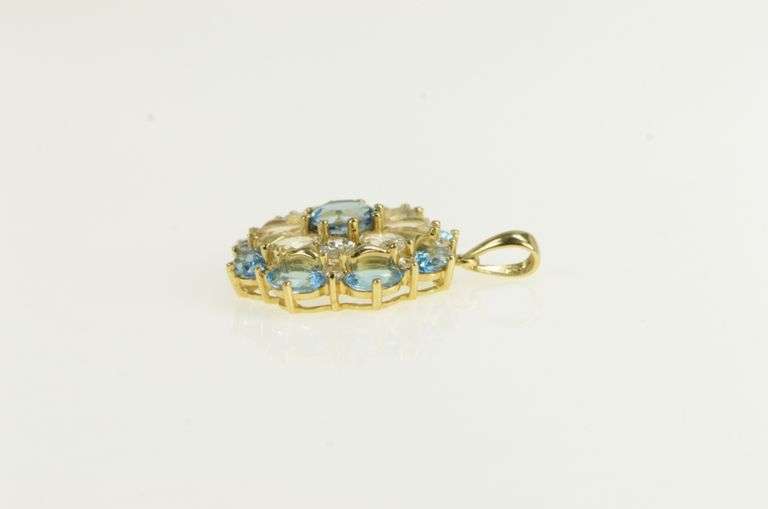 14K Yellow Gold Blue Topaz CZ Vintage Flower Cluster Statement Pendant