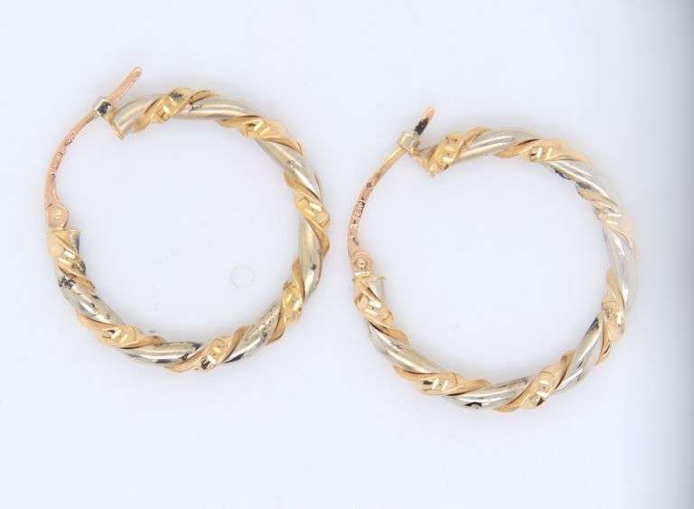 Handsome 18kt Two Tone Twsited Gold Hoop Earrings
