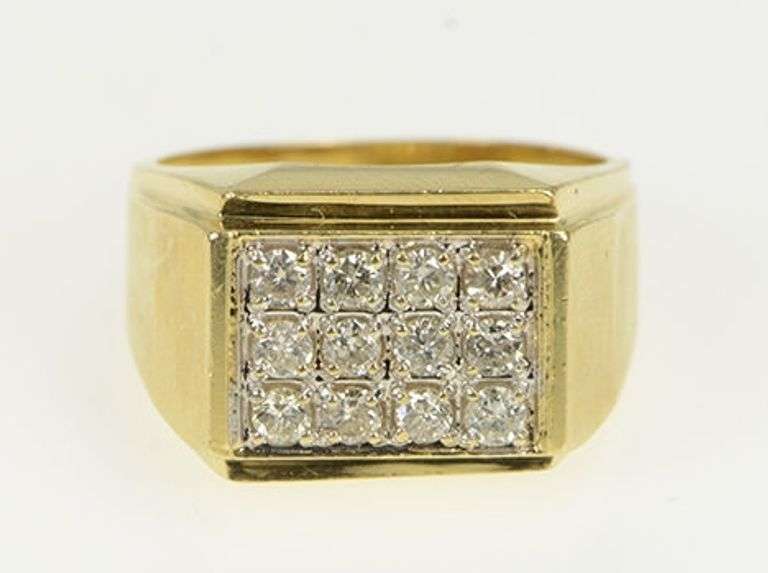 14K Yellow Gold 0.75 Ctw Diamond Men's Squared Cluster Ring