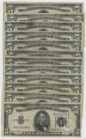 12 Nicer Series of 1934 $5 Blue Seal Silver Certificates