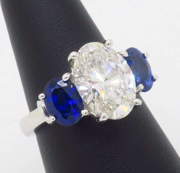 Certified 3.00ct Oval Diamond Engagement Ring with Blue Sapphires