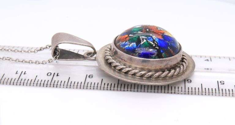 Vintage 925 Sterling Silver Mexico Multi Gestone Pendant on Chain