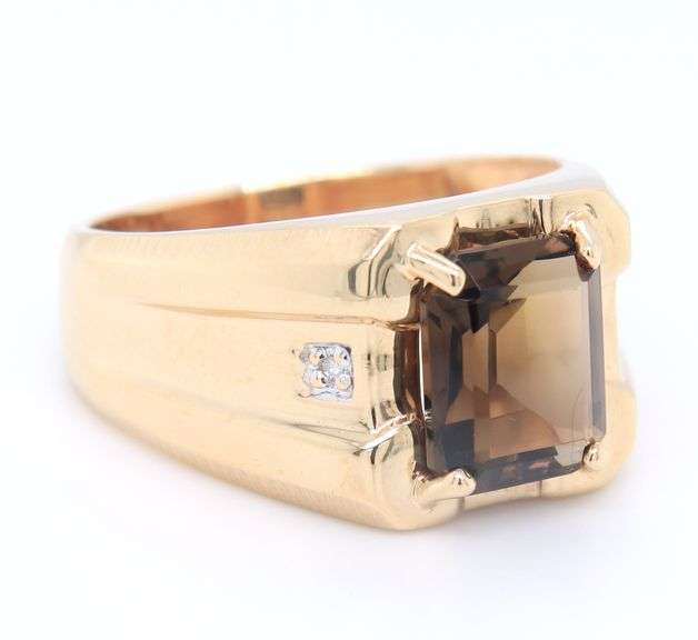 Gent's Yellow Gold Emerald Cut Smokey Quartz and Diamond Ring