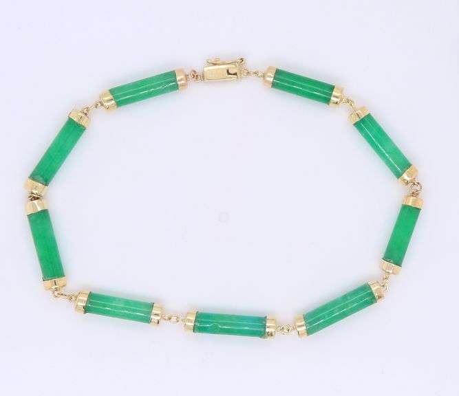 Elegant Yellow Gold Green Jade Barrel Link Bracelet