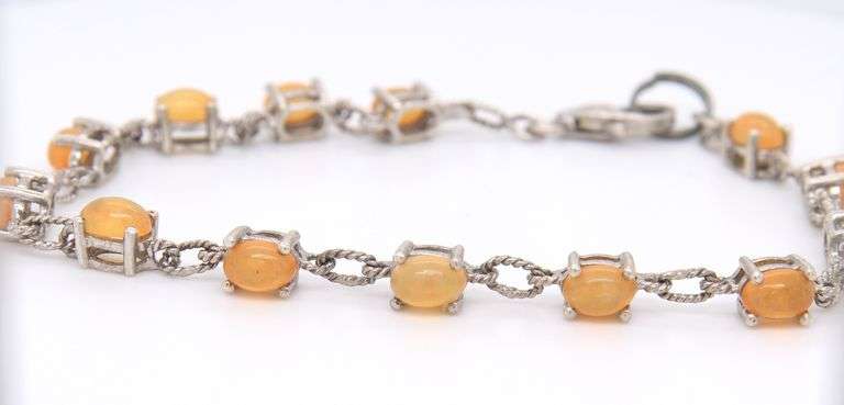 925 Sterling Silver Orange Cabochon Opal Link Bracelet