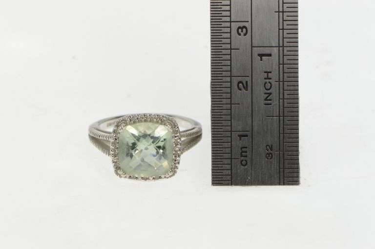 10K White Gold Cushion Prasiolite Diamond Halo Statement Ring