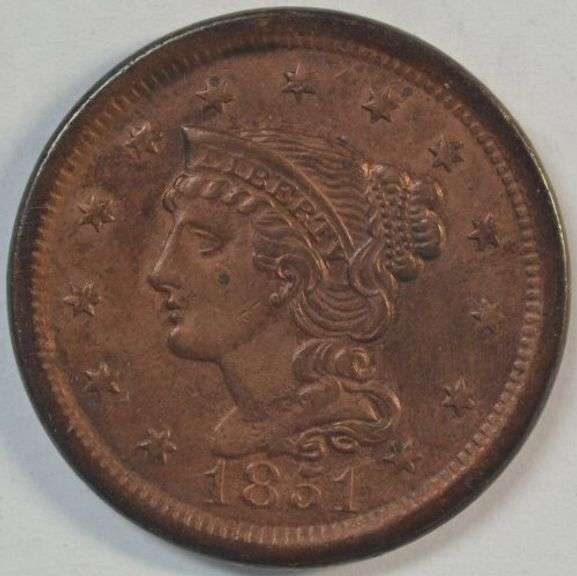 Choice Red & Brown Uncirculated 1851 Braided Hair Large Cent