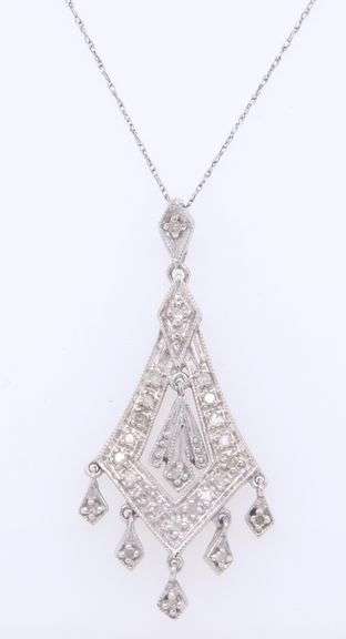Set of White Gold Diamond Pendant on Chain with Diamond  Dangle Earrings
