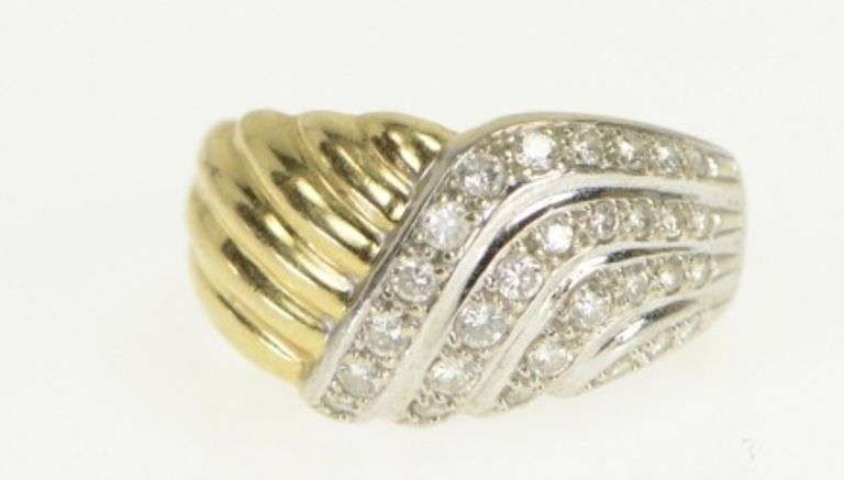 18K Yellow Gold Wavy Diamond Scalloped Statement Band Ring