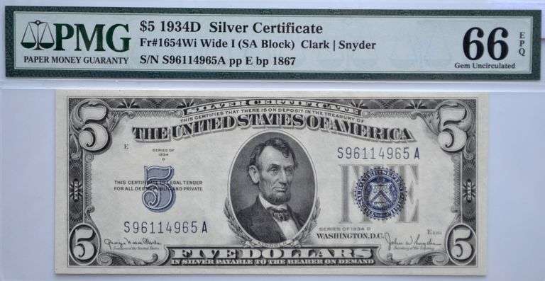 $5 1934D Silver Certificate/Blue Seal/Gem Unc 66 EPQ