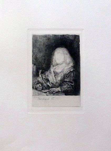 Rare Collectible Etching by Rembrandt, Man At A Desk Wearing A Cross