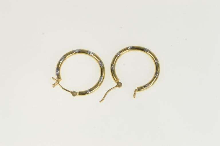 14K Yellow Gold 20.5mm Two Tone Design Vintage Hoop Earrings