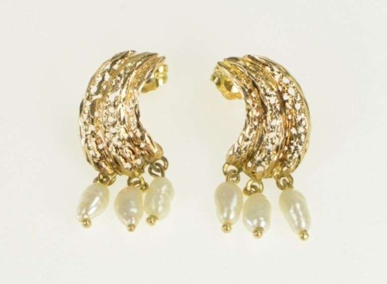 14K Yellow Gold Pearl Fringe Tassel Curved Filigree Vintage Earrings