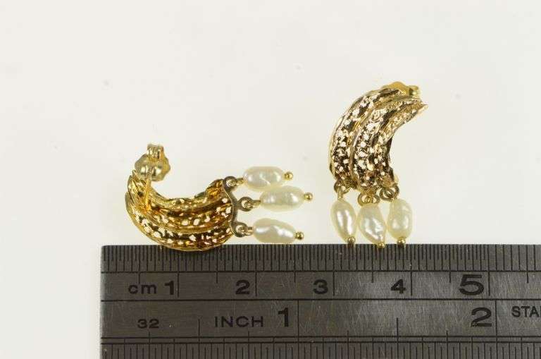 14K Yellow Gold Pearl Fringe Tassel Curved Filigree Vintage Earrings
