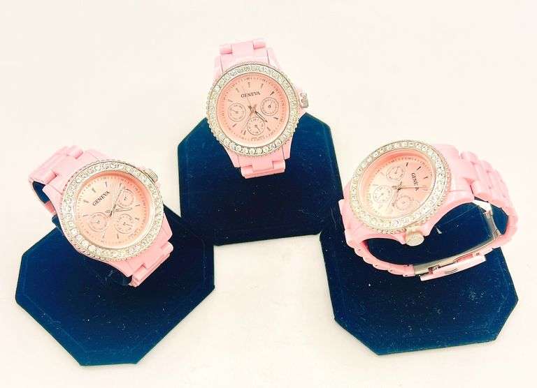 GROUP LOT OF 3x FANCY PINK GENEVA & GEMSTONE WATCHES- BRAND NEW!  40MM CASE. WATERPROOF