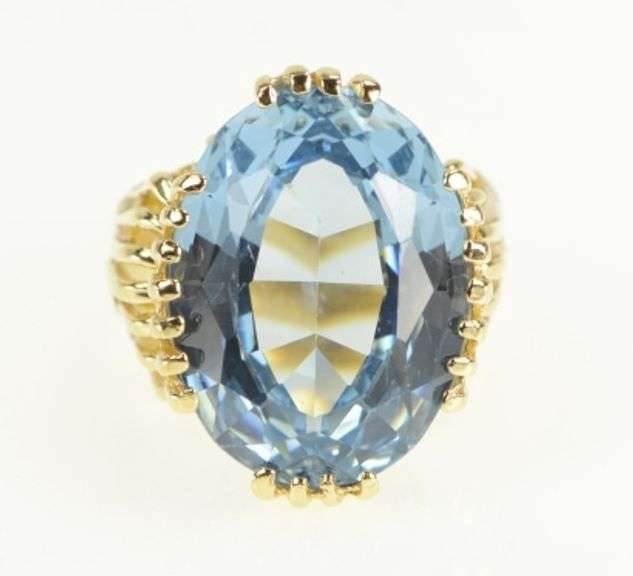 14K Yellow Gold Oval Blue Topaz Ornate Vintage Cocktail Ring