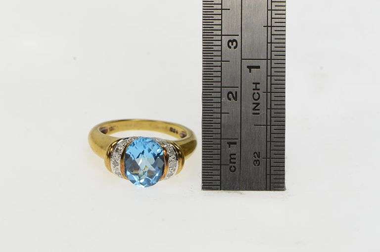10K Yellow Gold Blue Topaz Diamond Split Design Statement Ring