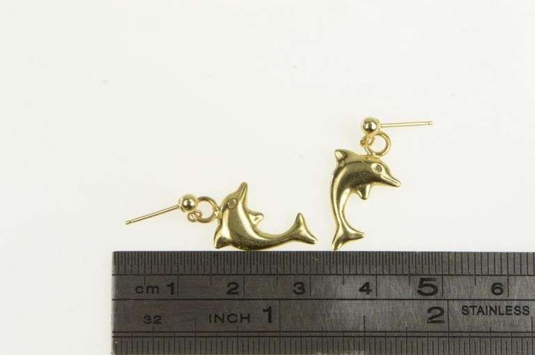 14K Yellow Gold Puffy Dolphin Beach Ocean Motif Dangle Earrings