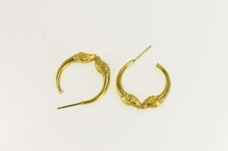 18K Yellow Gold Aries Zodiac Sign Ram Ornate Vintage Hoop Earrings