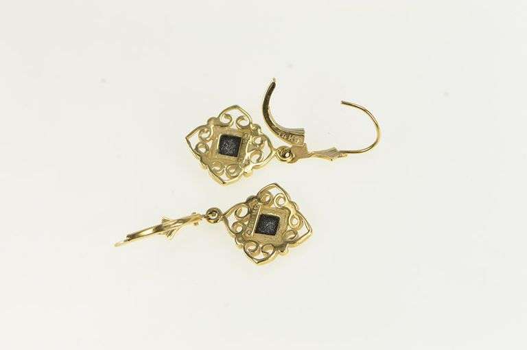 14K Yellow Gold Black Onyx Vintage Squared Filigree Dangle Earrings