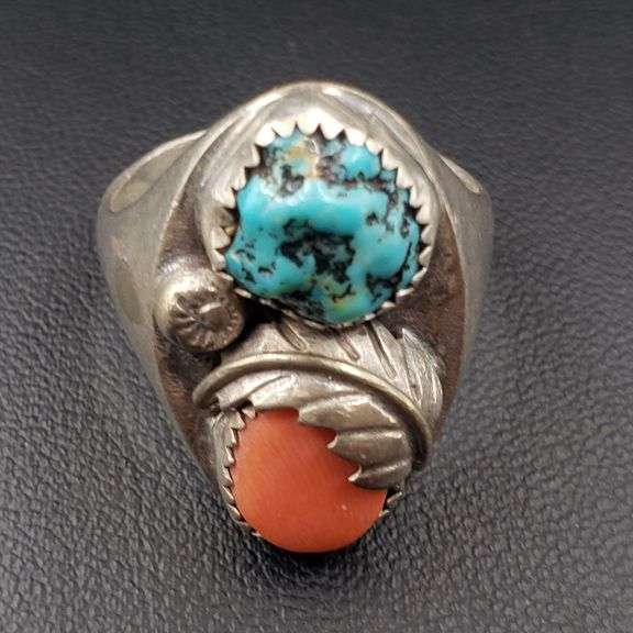 Men's Natural Turquoise Red Coral .925 Silver Ring
