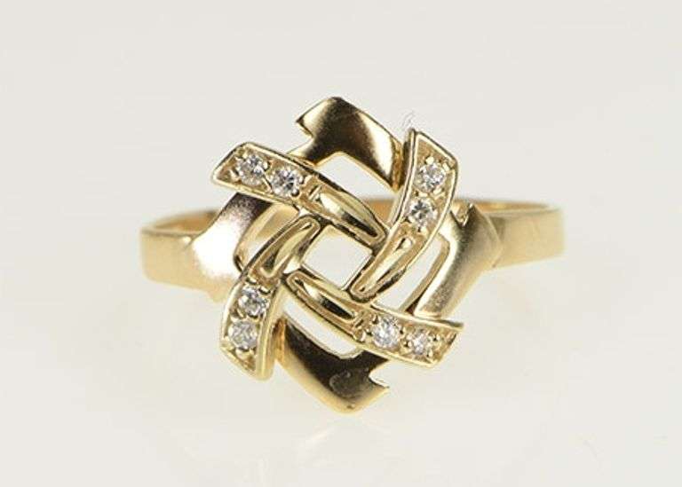 14K Yellow Gold Diamond Squared Knot Swirl Spiral Cocktail Ring