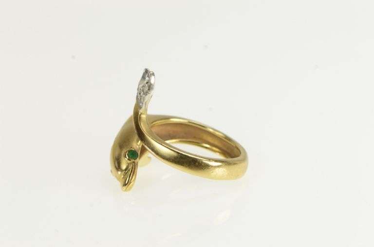 14K Yellow Gold Diamond Emerald Dolphin Wrap Statement Ring
