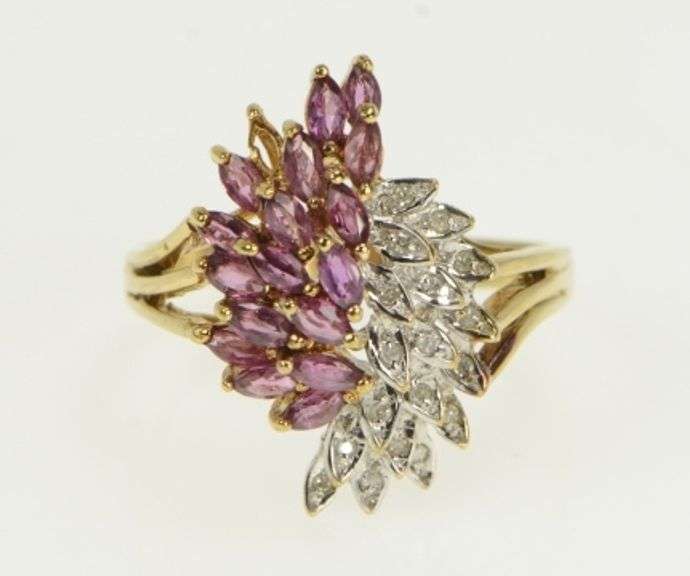 10K Yellow Gold Marquise Ruby Diamond Freeform Cluster Ring
