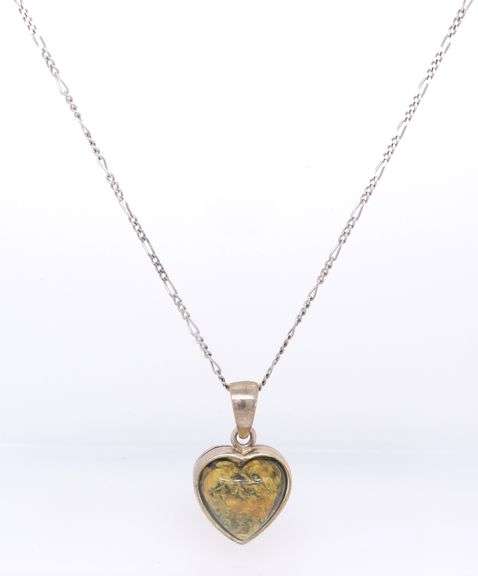 Vintage 925 Sterling Silver Heart Shaped Amber Pendant on Figaro Chain Necklace