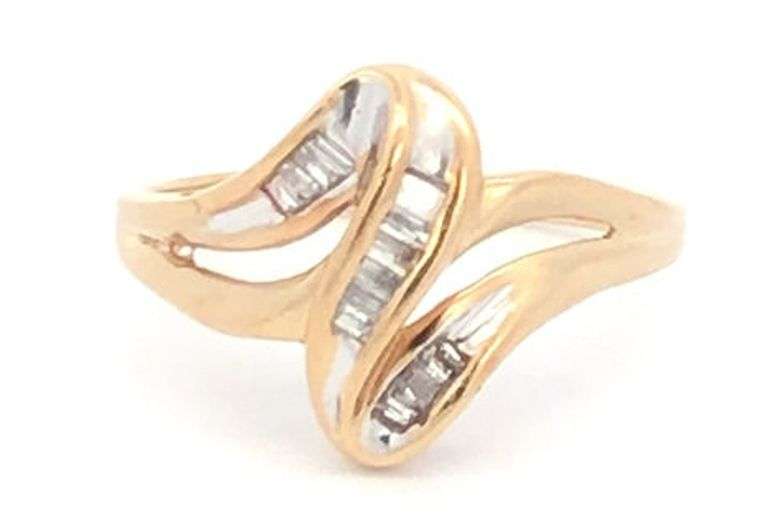 10K Yellow Gold Baguette Diamond Wavy Bypass Statement Ring