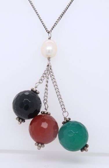925 Sterling Silver Multi Color Jade Dangle Necklace