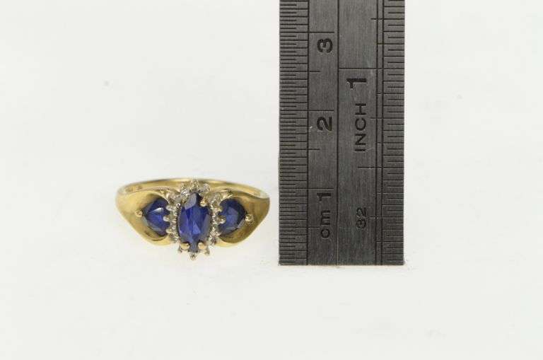 10K Yellow Gold Syn. Marquise Sapphire Diamond Halo Statement Ring