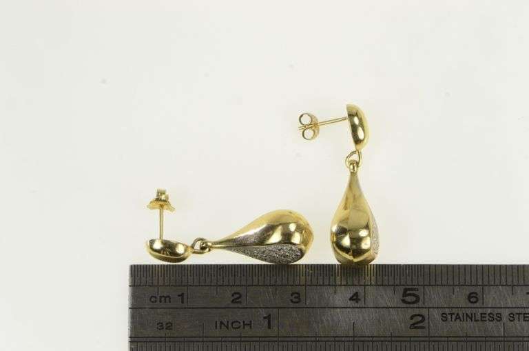 14K Yellow Gold Two Tone Textured Vintage Dangle Teardrop Earrings