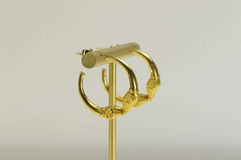 18K Yellow Gold Aries Zodiac Sign Ram Ornate Vintage Hoop Earrings