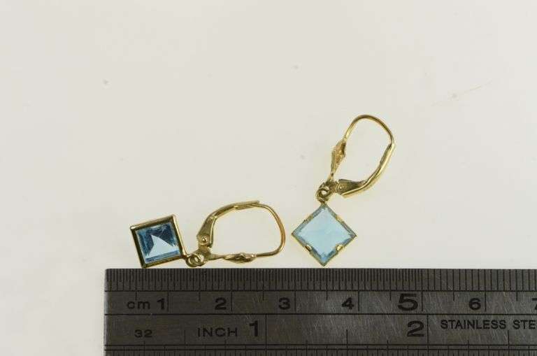 14K Yellow Gold Princess Blue Topaz Dangle Lever Back Earrings