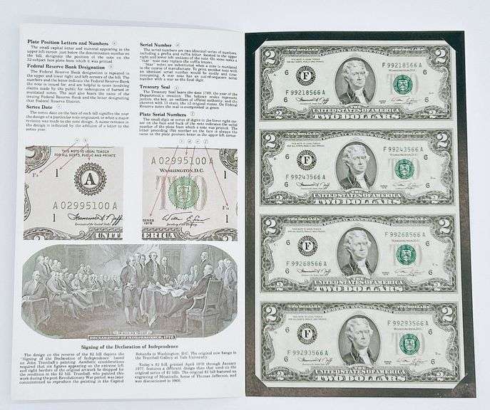 Uncut Currency Sheet 4 x $2 1976 UNC