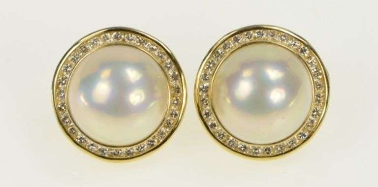 14K Yellow Gold 1.60 Ctw Diamond 14mm Pearl French Clip Earrings