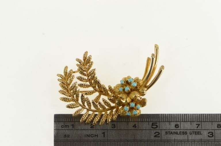 10K Yellow Gold Turquoise Cluster Fern Leaf Sprig Retro Pin/Brooch