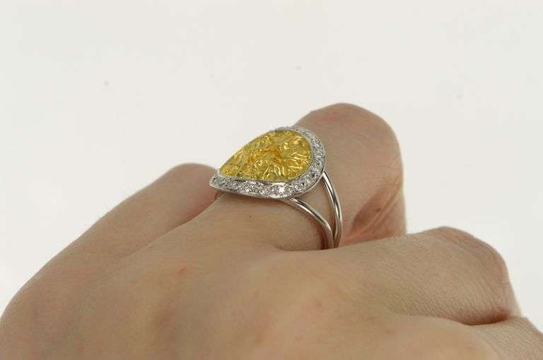 18K White Gold Ornate Diamond Halo Textured Statement Ring