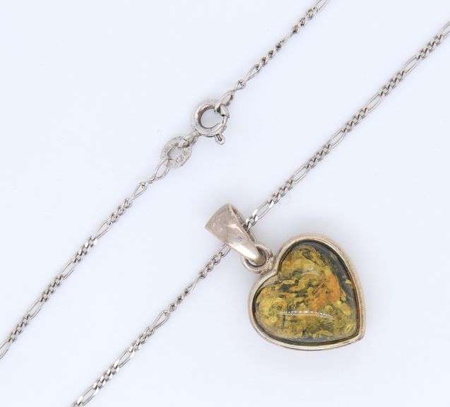 Vintage 925 Sterling Silver Heart Shaped Amber Pendant on Figaro Chain Necklace